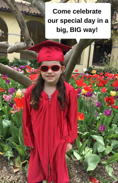 Student stands in a red graduation cap and gown, smiling in the cloister. Speech balloon reads "Come celebrate our special day in a big, BIG way!"
